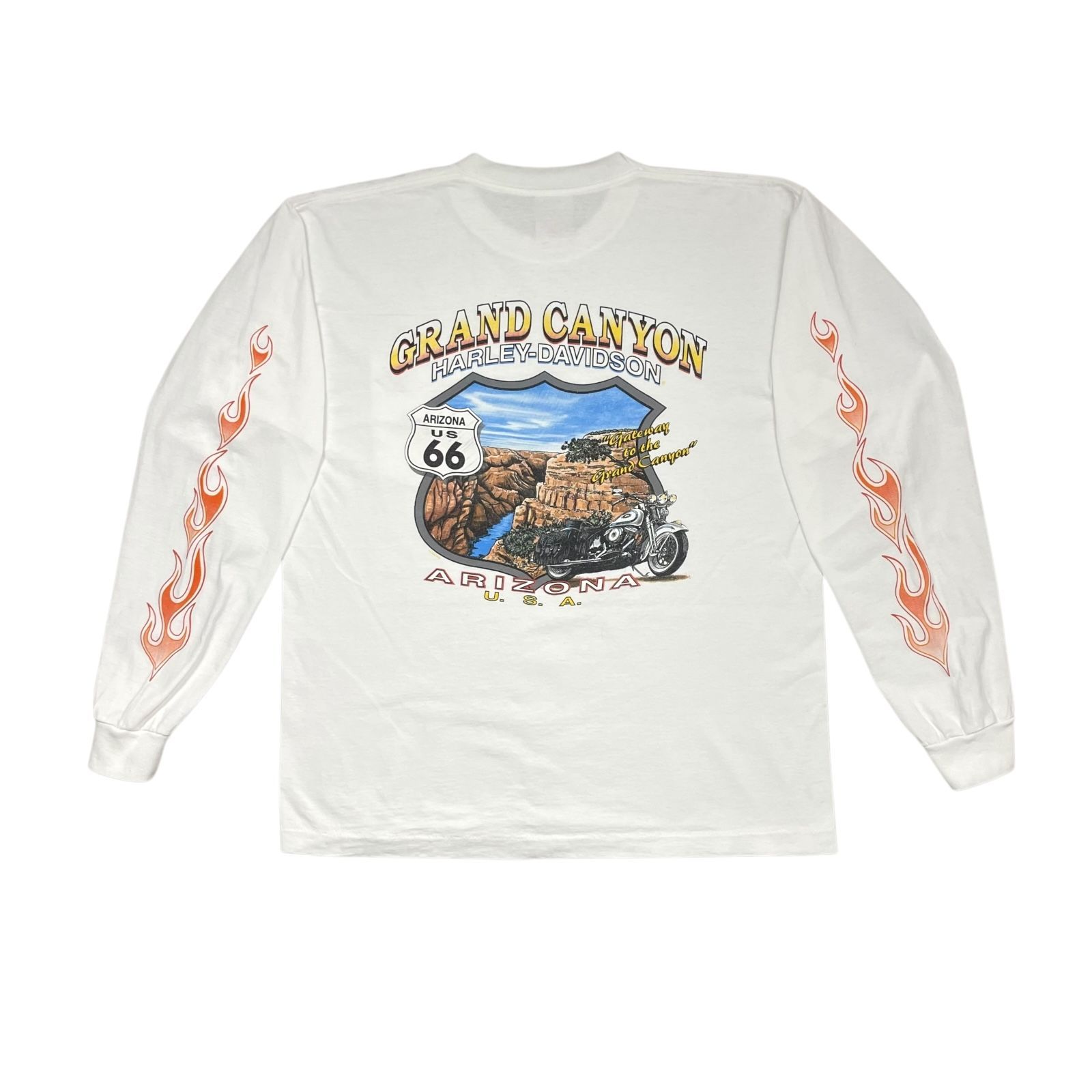 00s ハーレーダビッドソン グランドキャニオン 2002 フレーム ファイヤー スリーブ 長袖 Tシャツ 白 サイズ L アメリカ製
