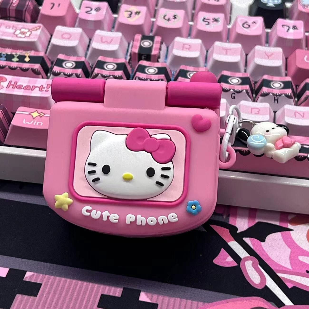 Hello Kitty AirPods Pro 2 /AirPods Pro AirPods 3 用 AirPods Pro 第2世代 シリコンケース 保護カバー キャラクター かわいい ストラップ 耐衝撃 折りたたみ式携帯電話デザイン ミニミラー