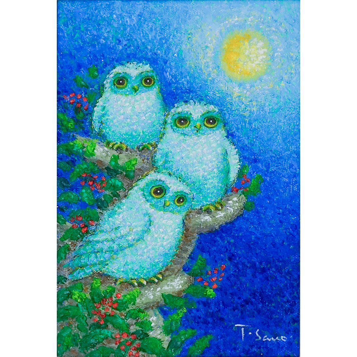 油彩画 SM号 佐野千恵子「満月のふくろう」 油絵 額付き 本物 真筆