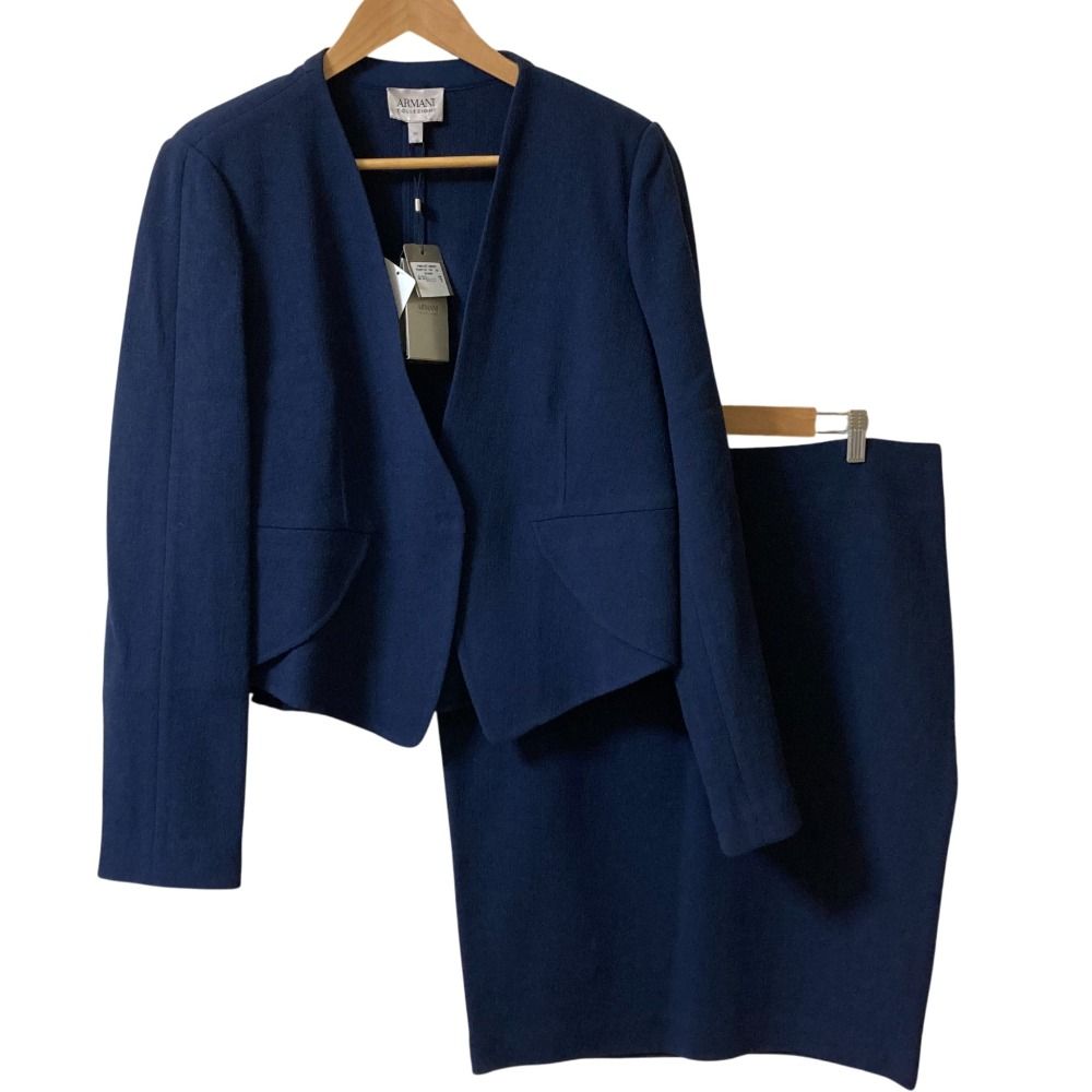 ARMANI COLLEZIONI アルマーニコレッツォーニ ノーカラージャケット スカート セットアップ サイズ50 48 ネイビー レディース 古着