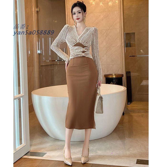 ハイウエスト重ね着風 長袖タイトロングワンピース