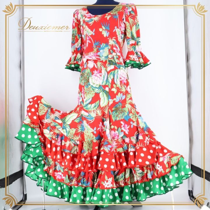フラメンコ 衣装 トップス ファルダ スカート ブラウス ツーピース セットアップ 赤 緑 ドット 水玉 花柄 光沢 ボランテ フリル レッド系 グリーン系 フラメンコ衣装 セットアップ衣装 華やか 豪華 コスチューム パーティー衣装 ダンス衣装 花柄スカート