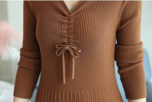 種類4：グレー/2XL Vネック リブニット ロング ワンピース ロング丈 長袖 タイト 切り替えデザイン ドッキング レース チュール シフォン リボン 透け感 シースルー 伸縮性 シャーリング かわいい 大人可愛い きれいめ シンプル カジュアル 大人 上