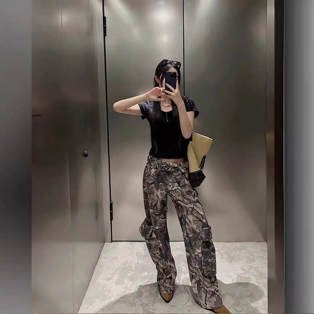 迷彩ロールウエスト大ポケットタイツカジュアルロングパンツワイドパンツ