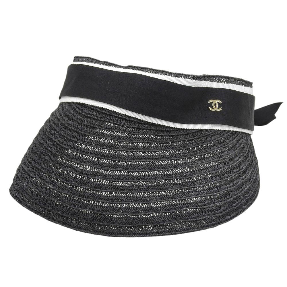 超 シャネル CHANEL ココマーク アバカ ラフィア シルクリボン ストロー サンバイザー S 黒 レディー 22 SS 程 ゴルフ 旅