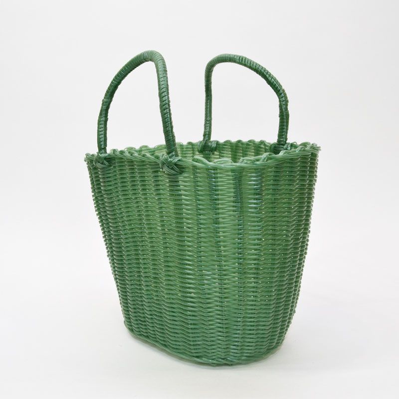 ビニール製 かごバッグ バケツ型 半透明 L グリーン バスケット、籐
