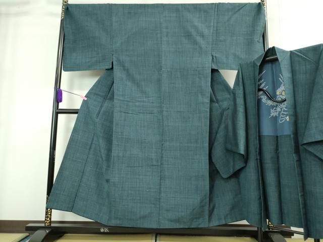平和屋着物 上 男性 紬 アンサンブル キングサイズ 長羽織 濃い錆鉄御納戸色 羽裏 龍 DZAA8520kh5