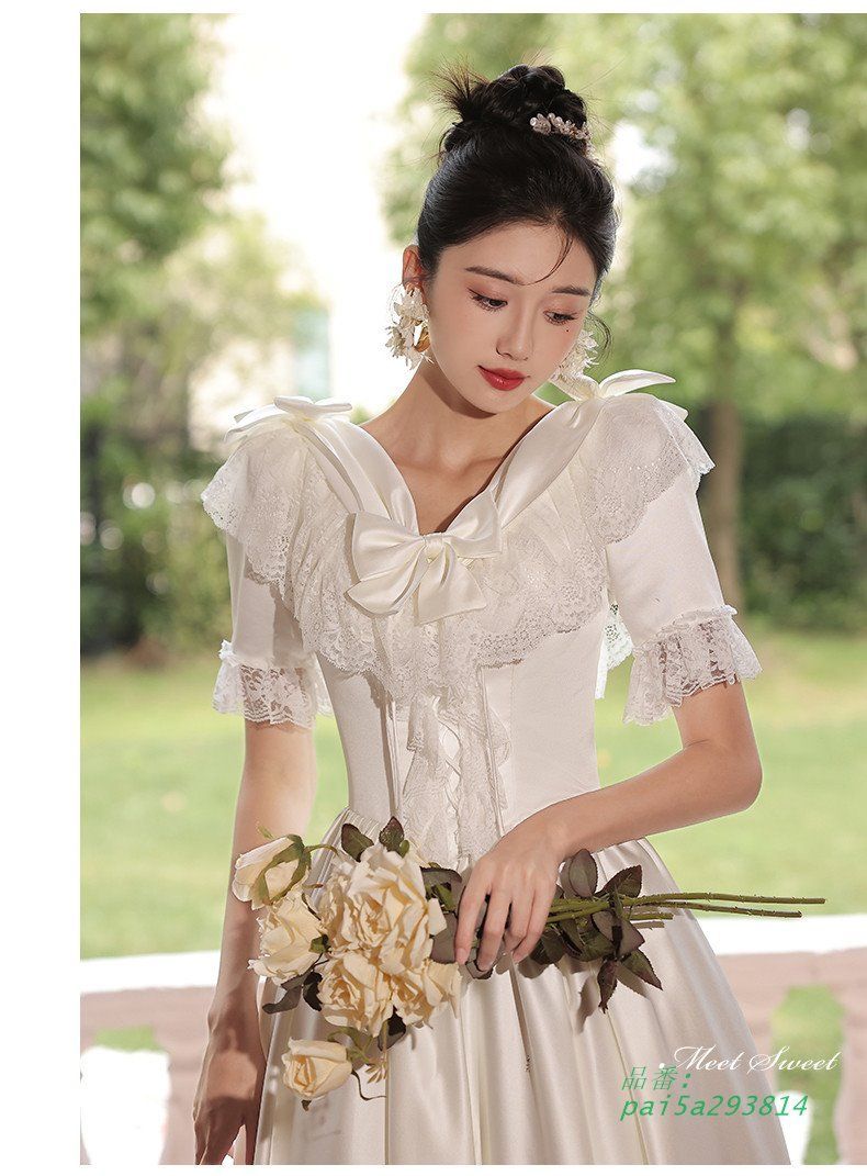 ウェディングドレス ロングドレス プリンセスドレス フリル レトロ Aラインドレス 半袖 前撮り 二次会 ブライダル 花嫁 ウエディングドレス 結婚式 サテン pai5a293814