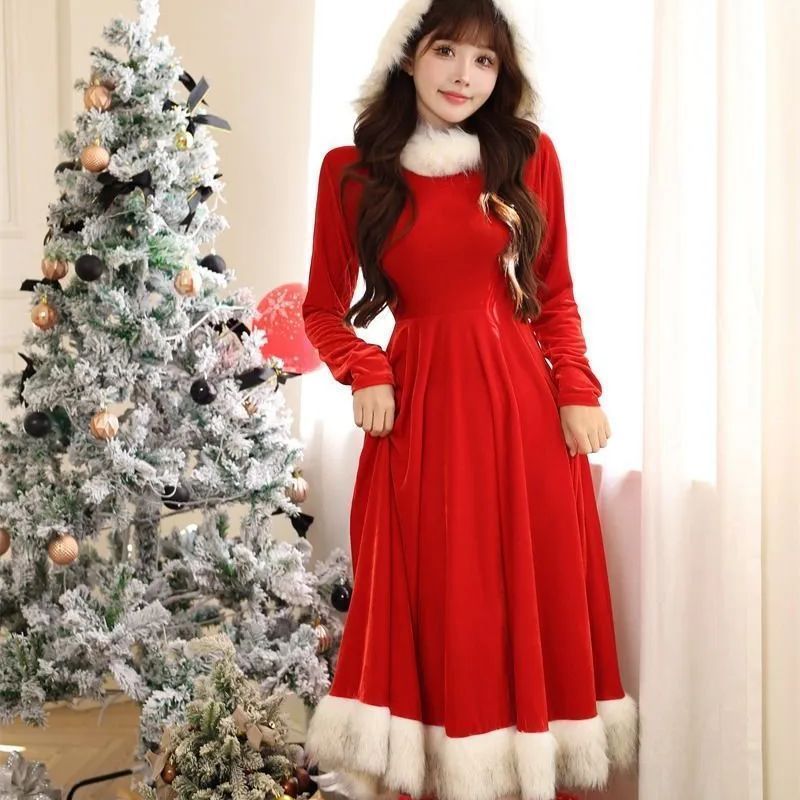 サンタワンピース サンタ コスプレ サンタクロース 長袖ワンピース フード付き 赤 衣装 クリスマス レディース パーティー かわいい ロングスカート ワンピース レッド セクシー かわいい イベント パーティ 文化祭 アウトレット