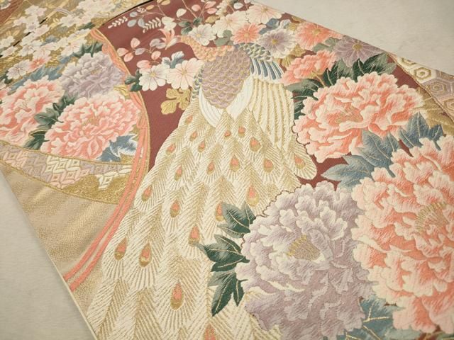 平和屋着物◎六通柄袋帯 唐織 孔雀花文 本金箔 正絹 逸品
