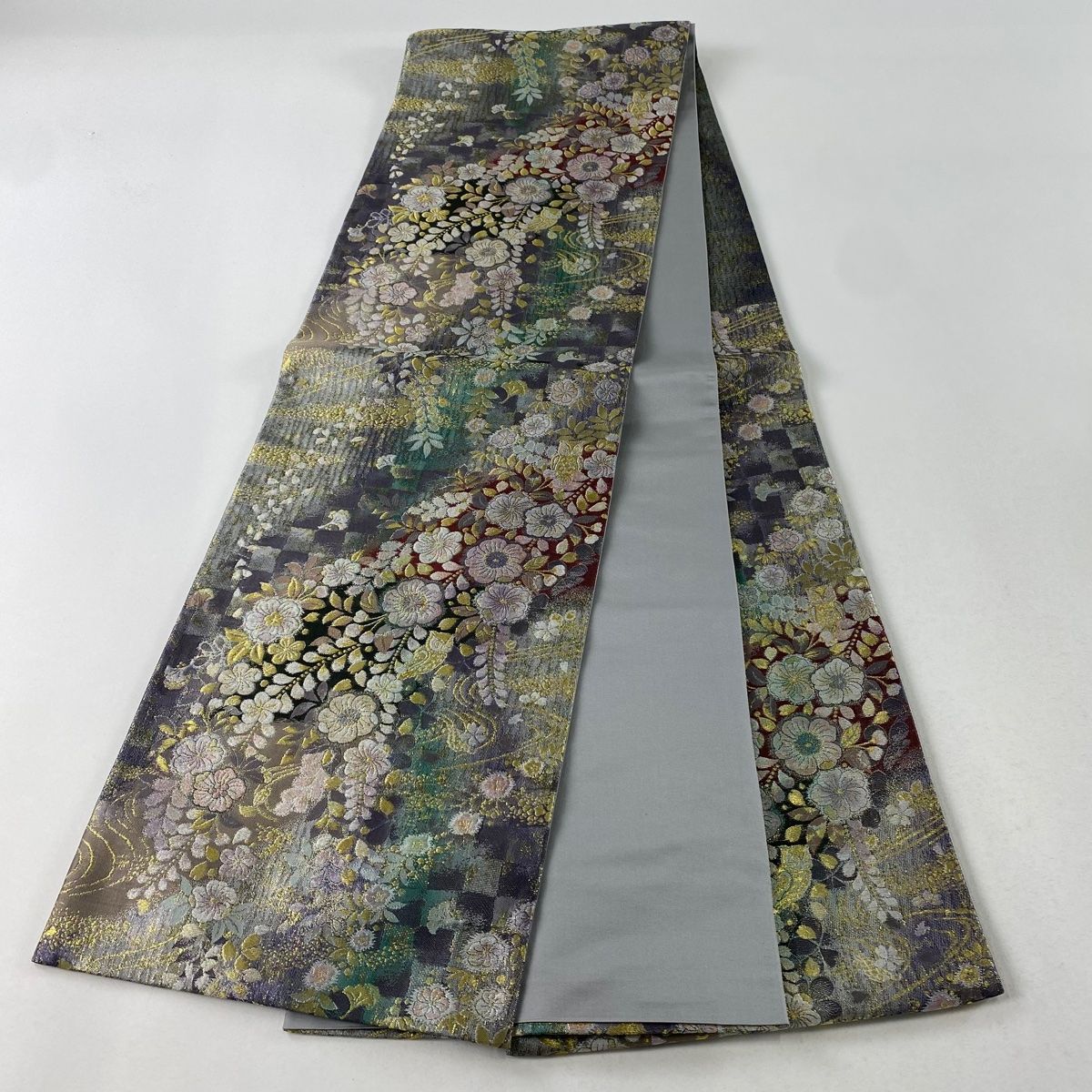 袋帯 美品 秀品 やまと 辻が花柄 みみずく 金糸 箔 灰紫 六通