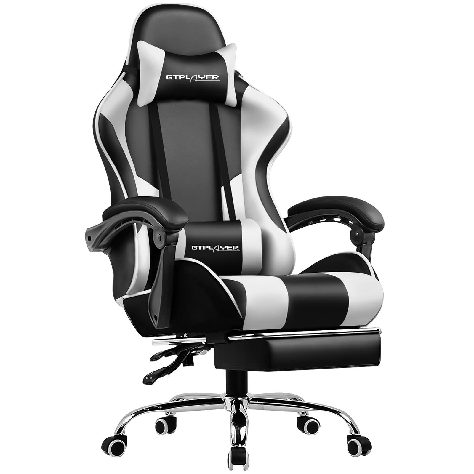 蒸れない座面 ホワイト 気孔付き皮革 PUレザー ひじ掛け付き ヘッドレスト ハイバック ゲームチェア テレワーク イス GTPlayerシリーズGT800-WHITE 140°リクライニング 椅子 pcチェア デスクチェア オットマン付き ゲーミングチェ