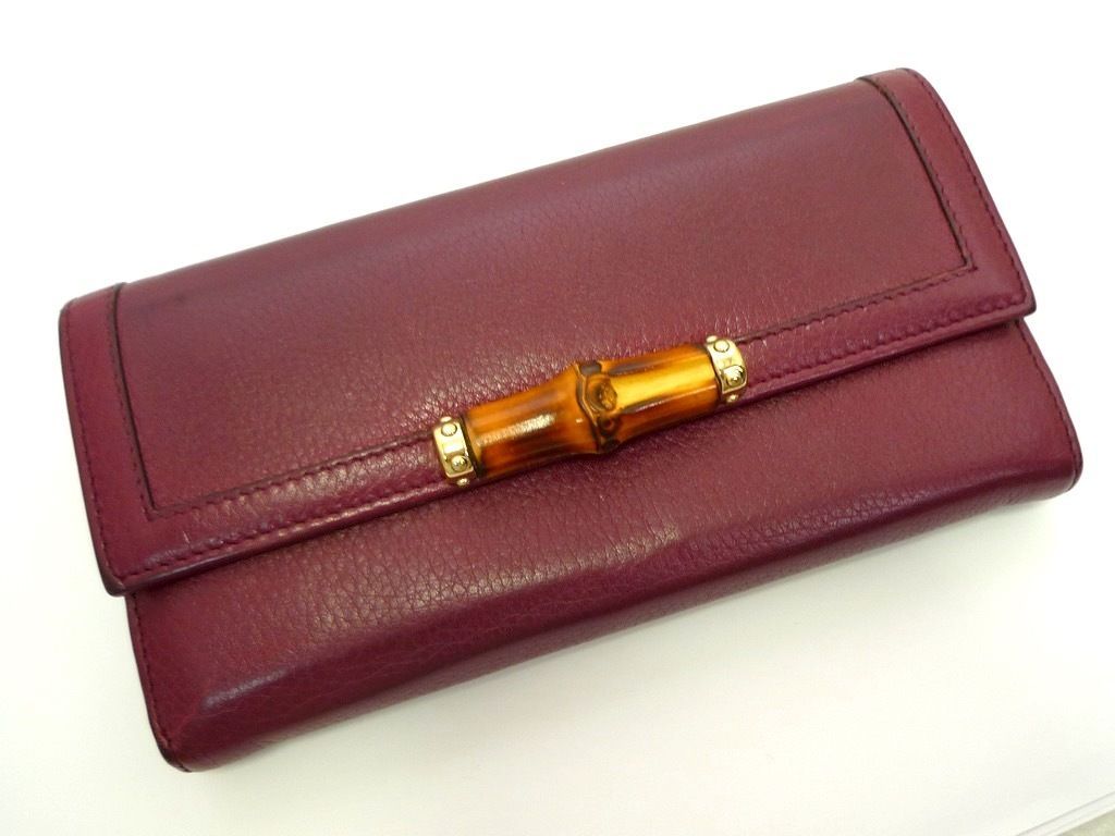 GUCCI グッチ 財布 長財布 バンブー カーフレザー 本革 ボルドー 
