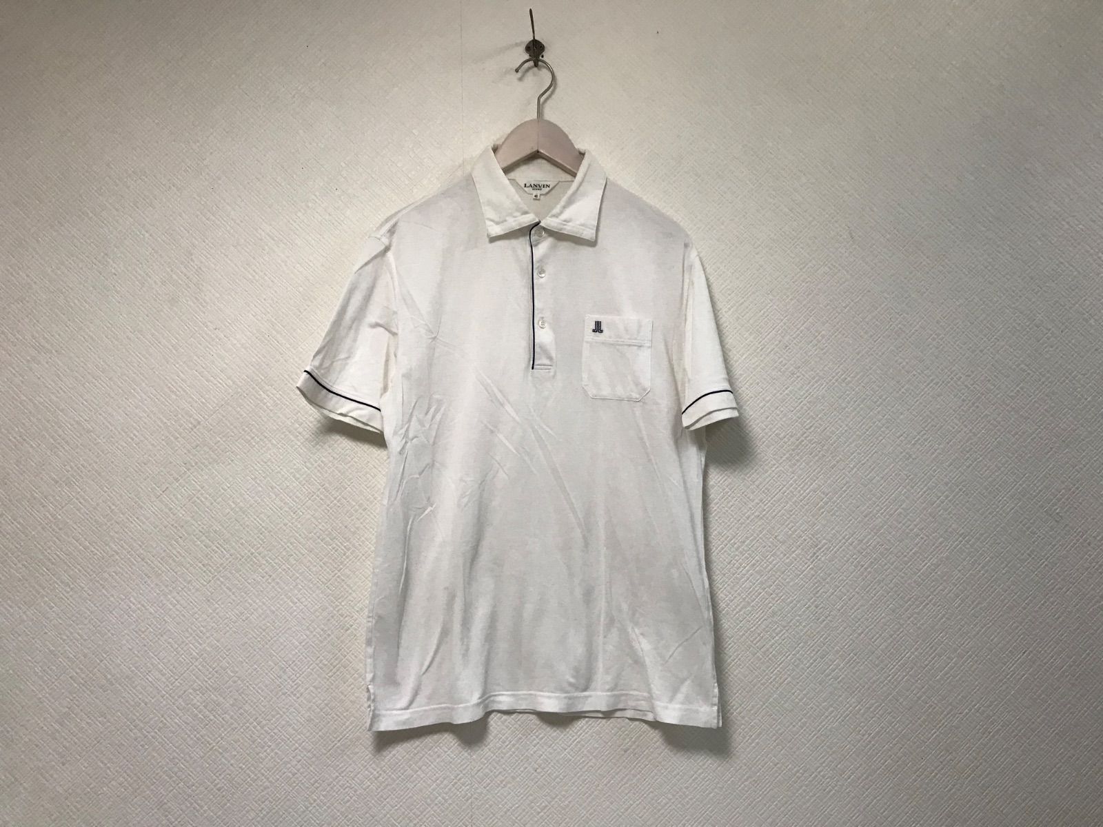 美品【ランバンスポール LANVIN】42サイズ2L 半袖 ポロシャツホワイト 本物ランバンスポールLANVIN SPORTコットンロゴ刺繍半袖