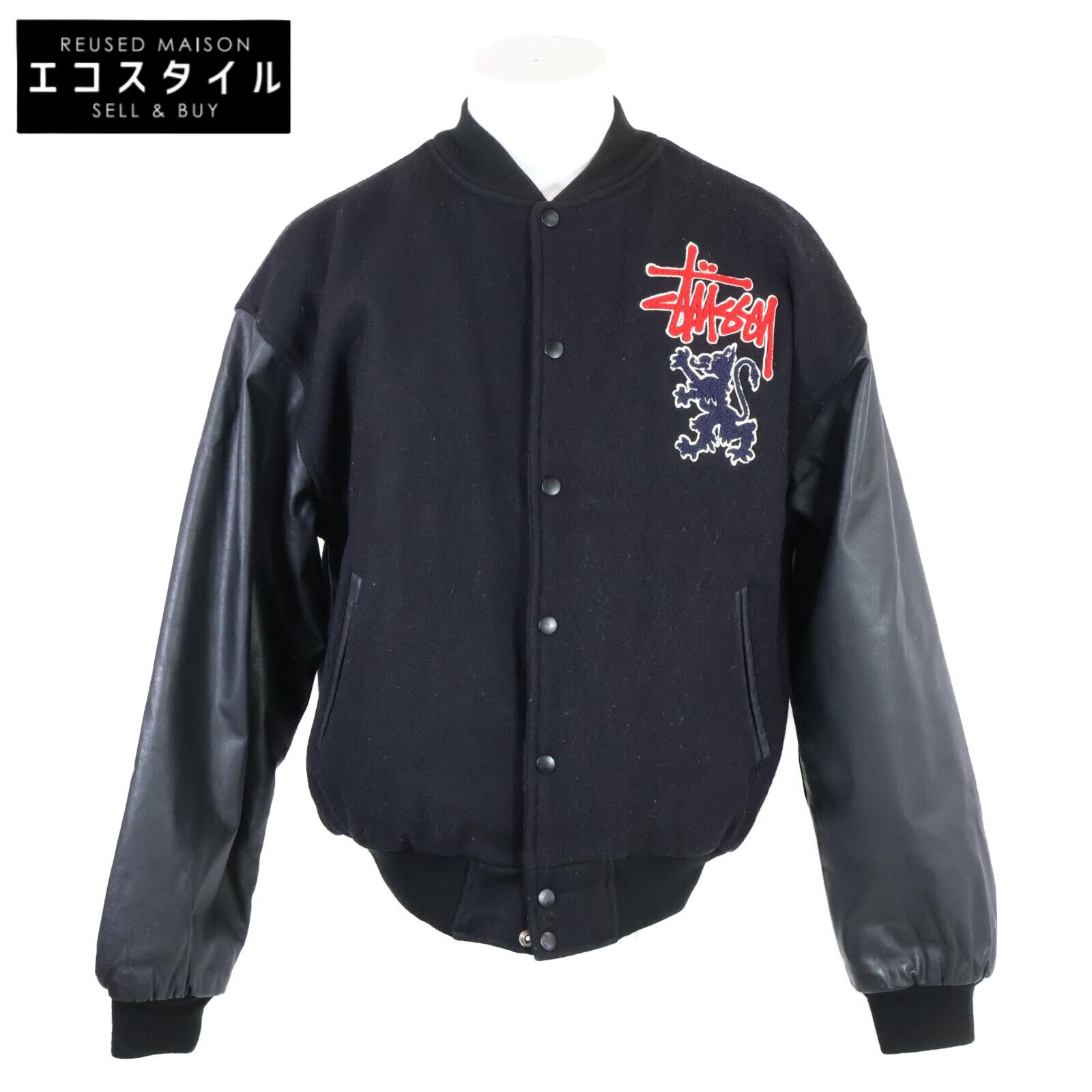 STUSSY ステューシー 90 s 紺タグ アームレザー切替 スタジャン| L