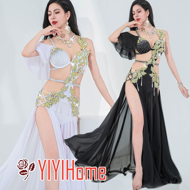 ベリーダンス ビーズ装飾の黒のフレアワンピース衣装 オーダーメイド＞ バラディ ベリーダンス ワンピース ドレス