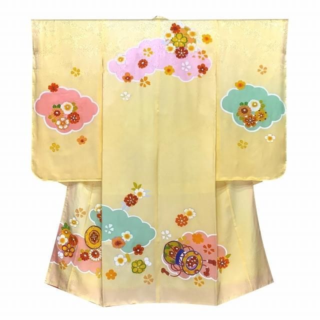 七五三 着物 7歳 絵羽柄 金駒刺繍 四つ身の子供着物 正絹「淡