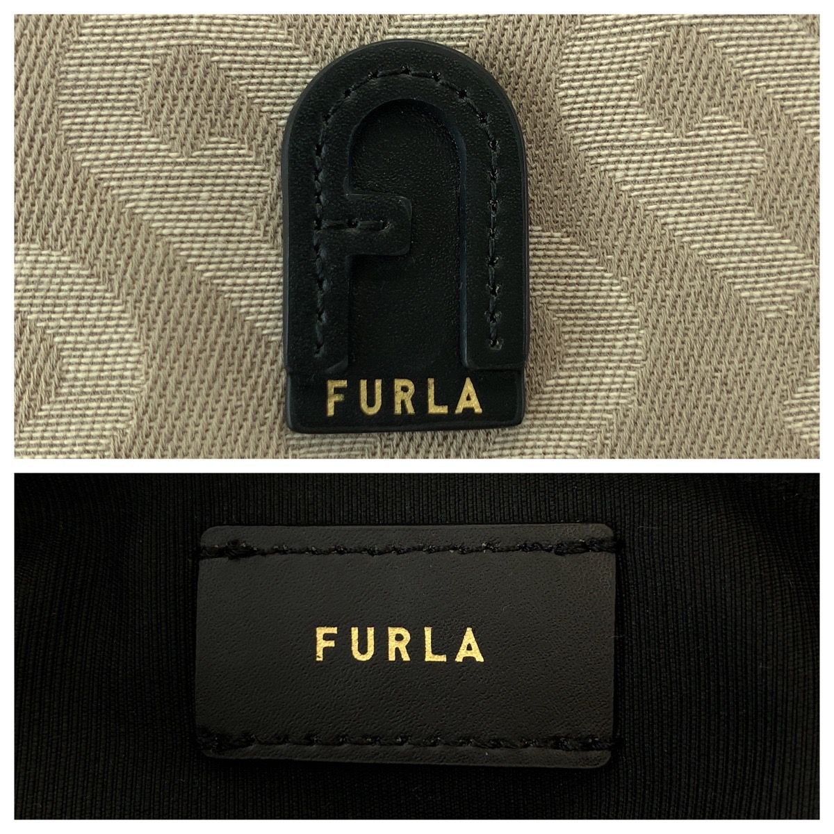 美品 Furla フルラ ベージュ ブラック ゴールド金具 キャンバス/レザー 