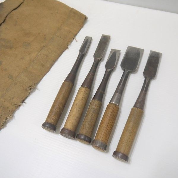 在銘 各種 叩き鑿 全5本セット 追入鑿 向待鑿 鑿巻き ノミ のみ 大工道具 木工 ≡DT5903