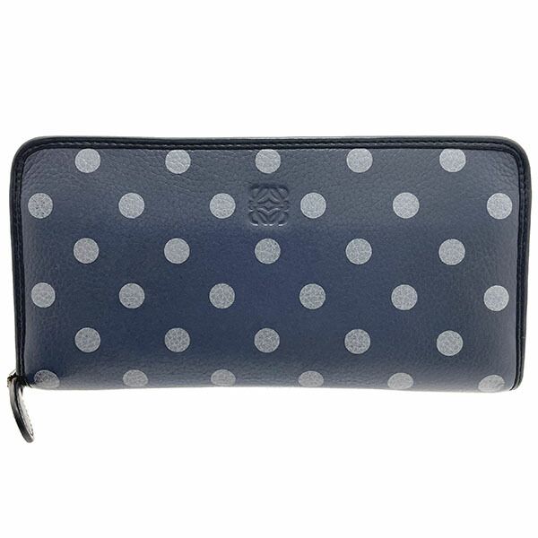 ロエベ 長財布 クルス ジップ アラウンド ウォレット カーフスキン ブルーグレー系 ライトグレー系 ネイビー 紺 131N34.F13 LOEWE レザー 革 水玉 ドット アナグラム ラウンドファスナー長財布 財布 ロングウォレット サイフ