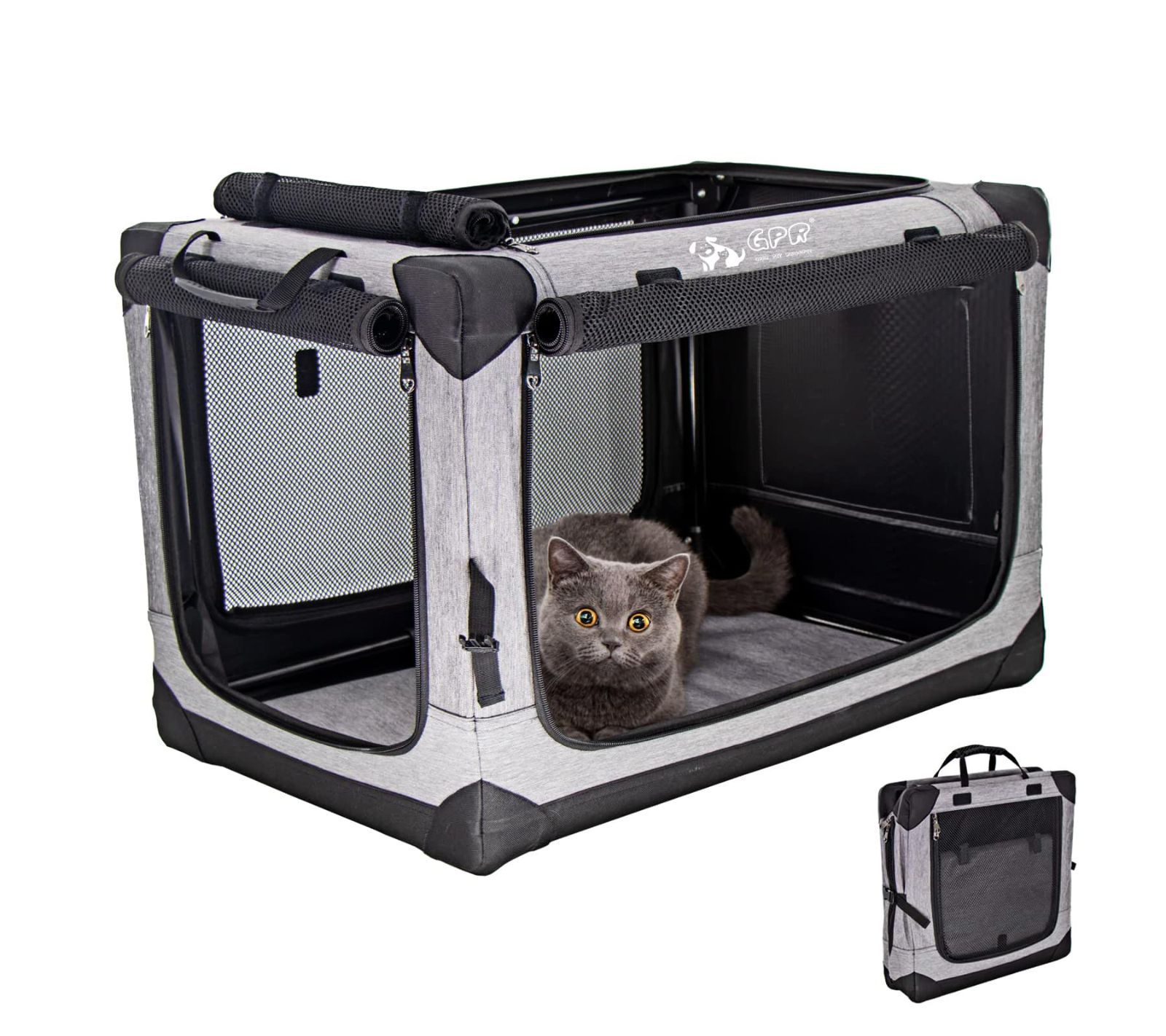 数量 GPR ペット ソフトクレート ケージ ペットキャリー ペットハウス カバー取り外せる 4面メッシュ出入口 鉄フレーム 猫犬兼用 折りたたみ式 洗濯 シルバグレー M