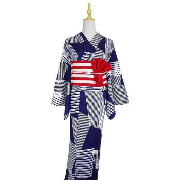浴衣 セット レディース 2点 レトロ シック 粋 紺色地 ネイビー 幾何学模様 ストライプ 縞 浴衣セット 浴衣 細帯 女性 大人浴衣 フリーサイズ 爆買 set-r6-y7