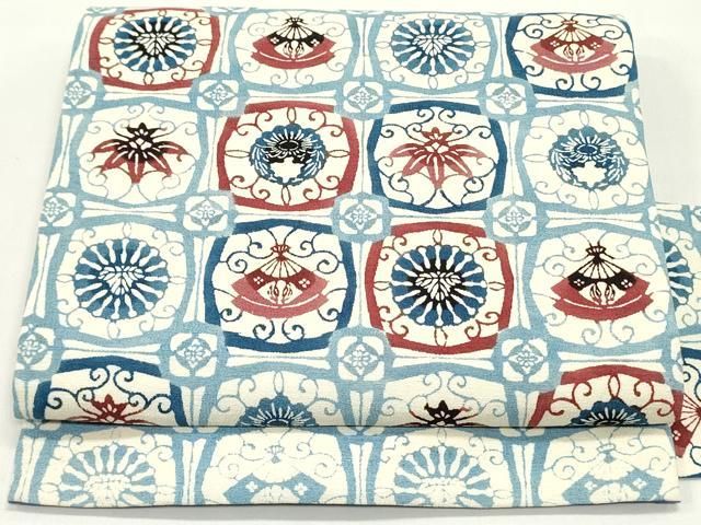 平和屋着物●九寸名古屋帯　紬地　草木染　型染め　扇花唐草文　正絹　逸品　DAAW6803ob 平和屋着物○九寸名古屋帯 紬地 草木染 型染め 扇花唐草文 正絹 逸品