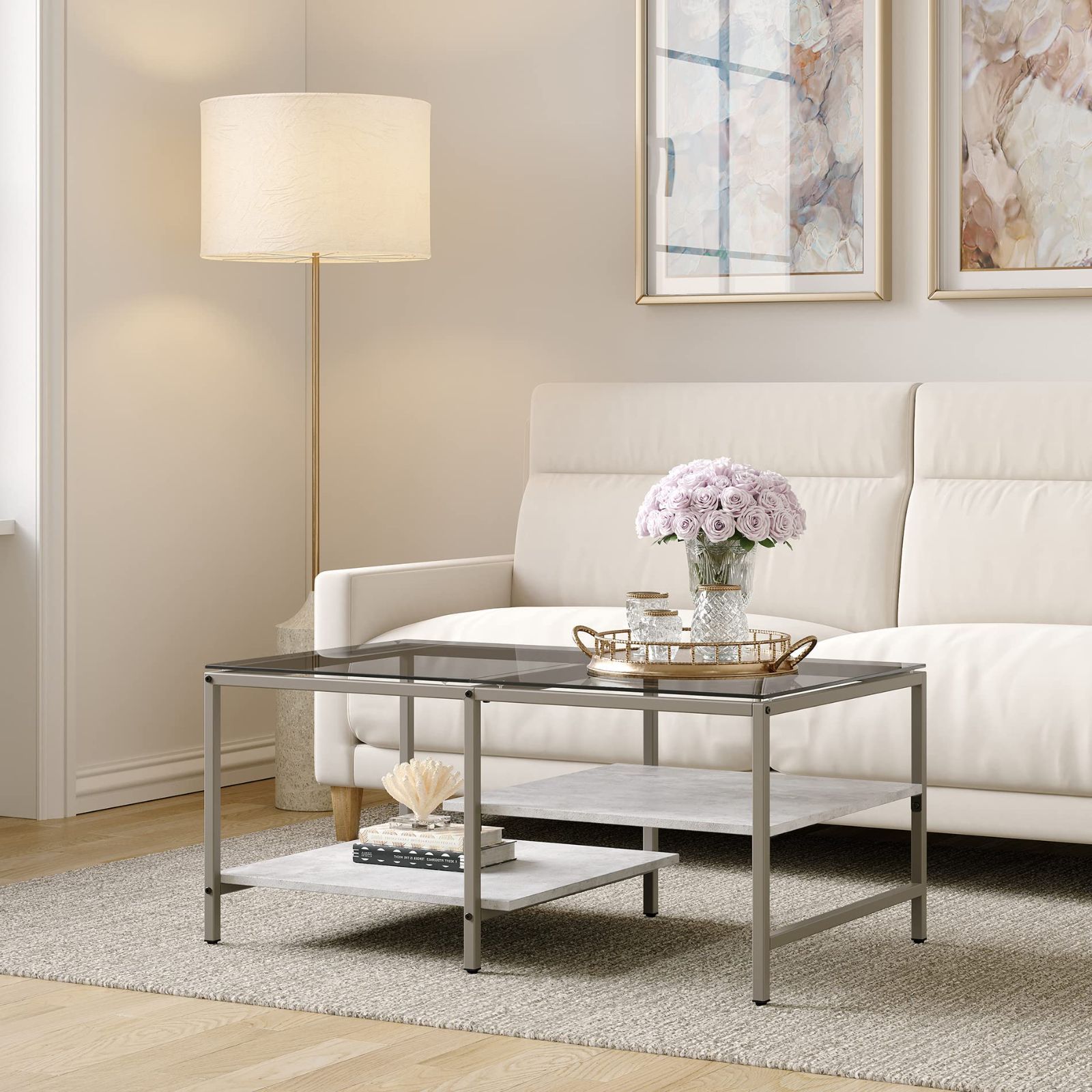 品質100%保証! 在庫処分 ガラステーブル 二段収納 センターテーブル 強化ガラス 収納付き ローテーブル おしゃれ リビング 一人暮らし HOMOOI 幅100×奥行60×高さ45cm 岩グレー