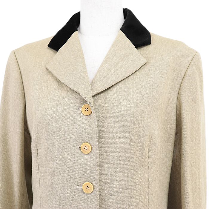 ヴィンテージ HERMES エルメス セリエジャケット テーラード ベルベット 4B 開き見せ フルライニング サイドベンツ ウール アウター レディース サイズ 42 カーキベージュ ブラック フランス製