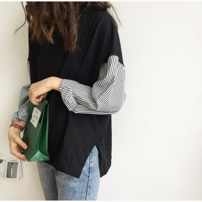 カットソー レディース シャツ 袖 ストライプ トップス 切り替え 異素材 フリーサイズ おしゃれ 上品 30代 40代 卒業式 カットソー レディース シャツ 袖 ストライプ トップス 切り替え
