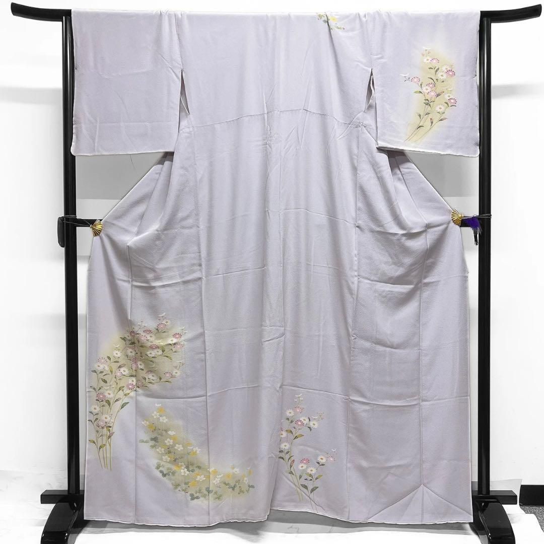 付け下げ 花模様 菊 小花 パープル 着物 021a d