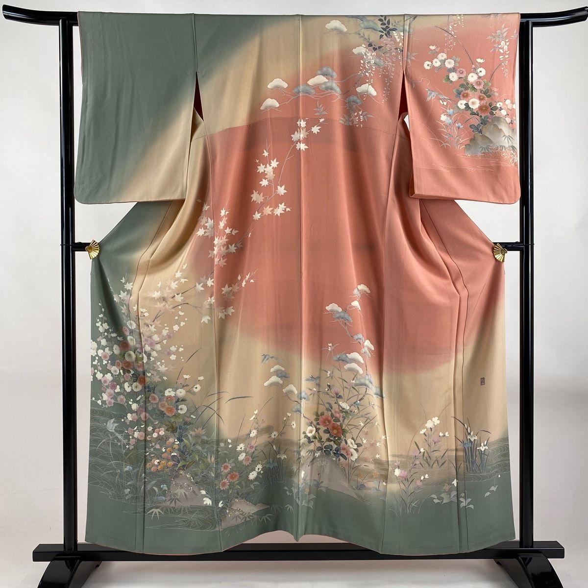 訪問着 身丈154.5cm 裄丈62.5cm S 袷 落款 菊 花鳥 金銀彩 染め分け 灰緑 正絹 秀品 一つ紋