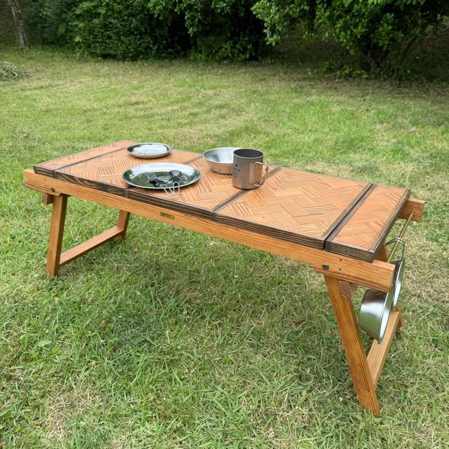 IGTテーブル 折りたたみローテーブル ヘリンボーン天板 チーク色 igt