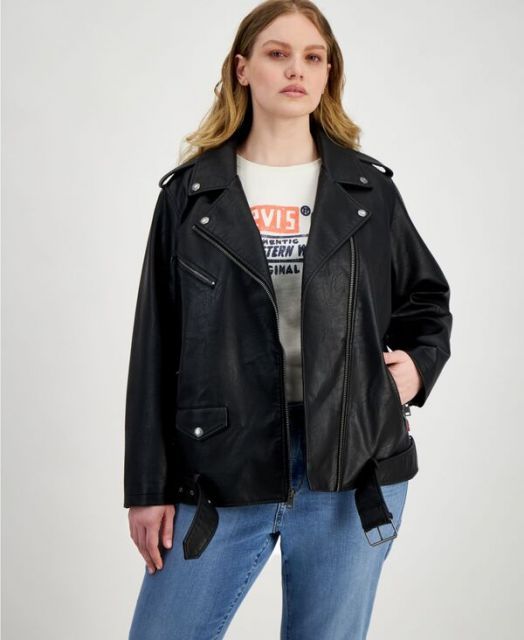 【送料無料】 リーバイス レディース ジャケット・ブルゾン アウター Plus Size Faux Leather Long Line Belted Moto Jacket Black
