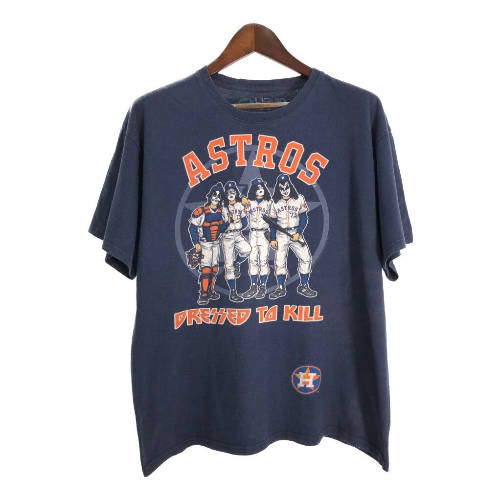 LIQUID BLUE リキッドブルー KISS × MLB ヒューストン アストロズ Ｔシャツ プロチーム バンド ネイビー メンズ XL 古着 U1852