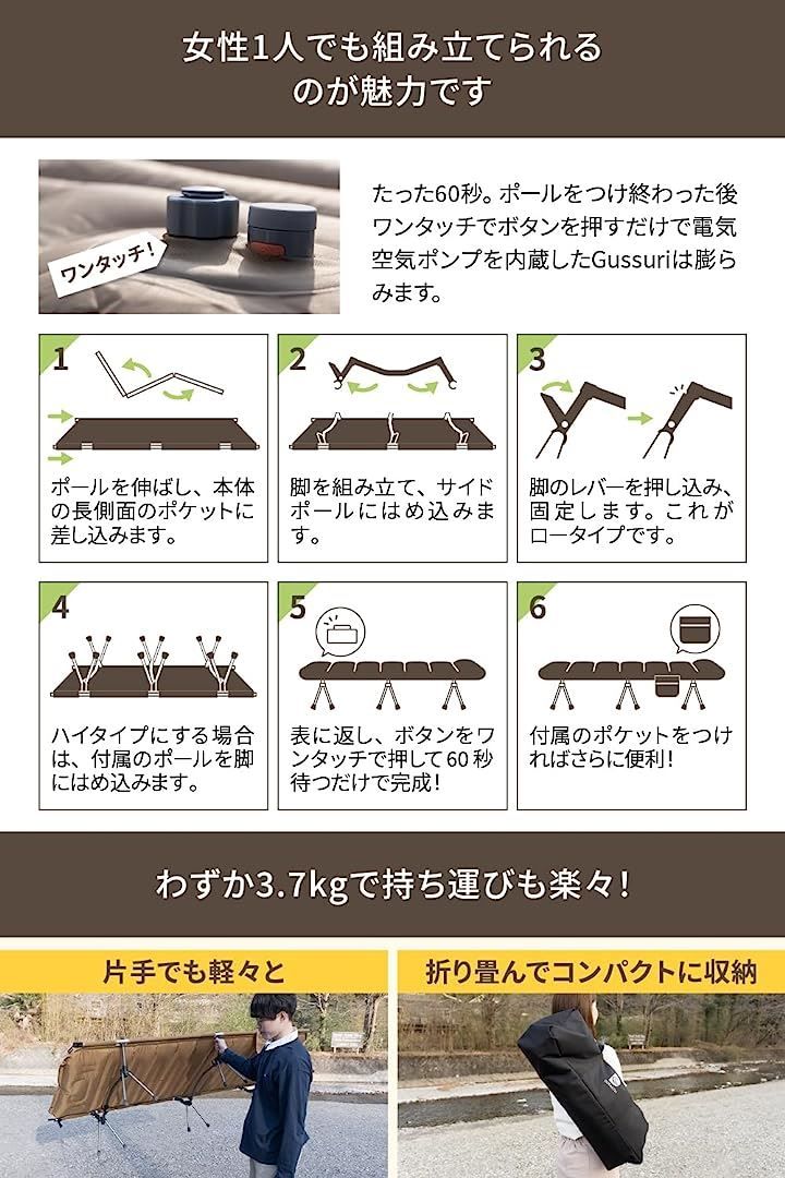 エアーマットコットGussuri ワンタッチ60秒で自動膨張