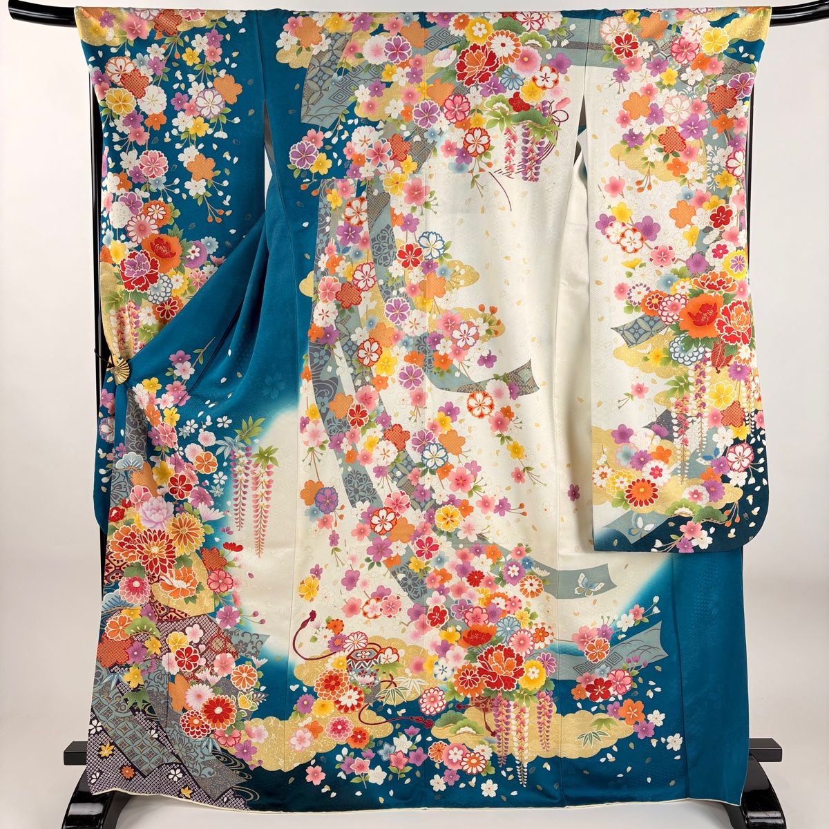 振袖 身丈169cm 裄丈70cm L 袷 菊 扇面 金糸 銀通し 青緑 正絹