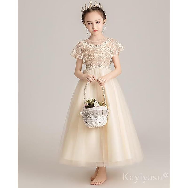 Ｋａｙｉｙａｓｕ 子供ドレス ピアノ 発表会 女の子ドレス キッズ ロングドレス エレガント フォーマルドレス 真珠 刺繍 ワンピース 結婚式 演奏会 パーティー 120-170 140 シャンパン-B
