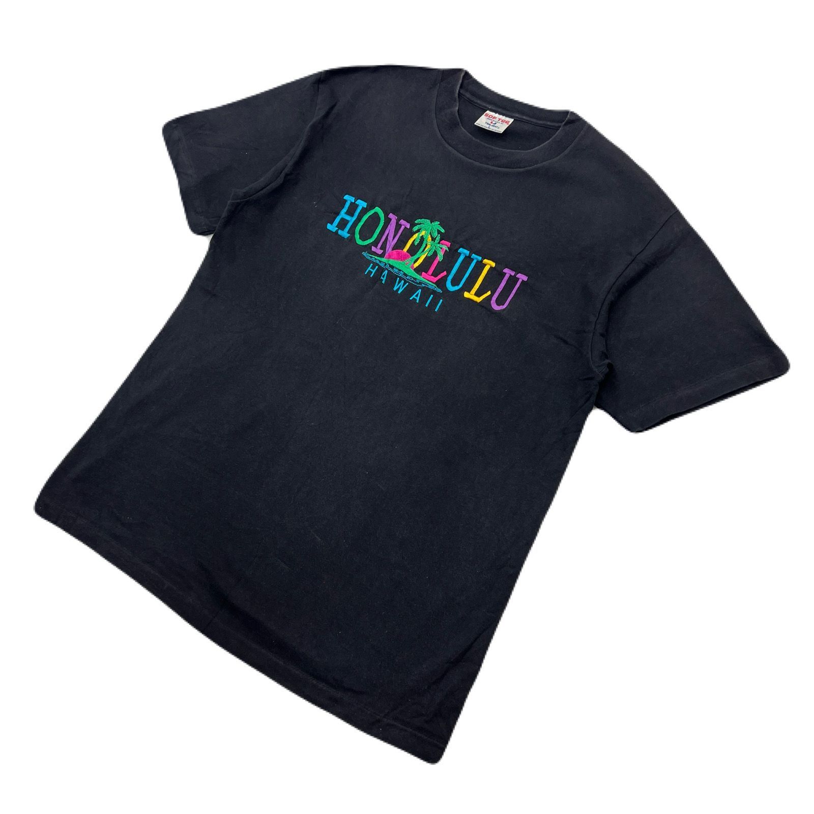 SOFTEE 半袖 Tシャツ ハワイ ホノルル 刺繍 ブラック メンズ Lサイズ 
