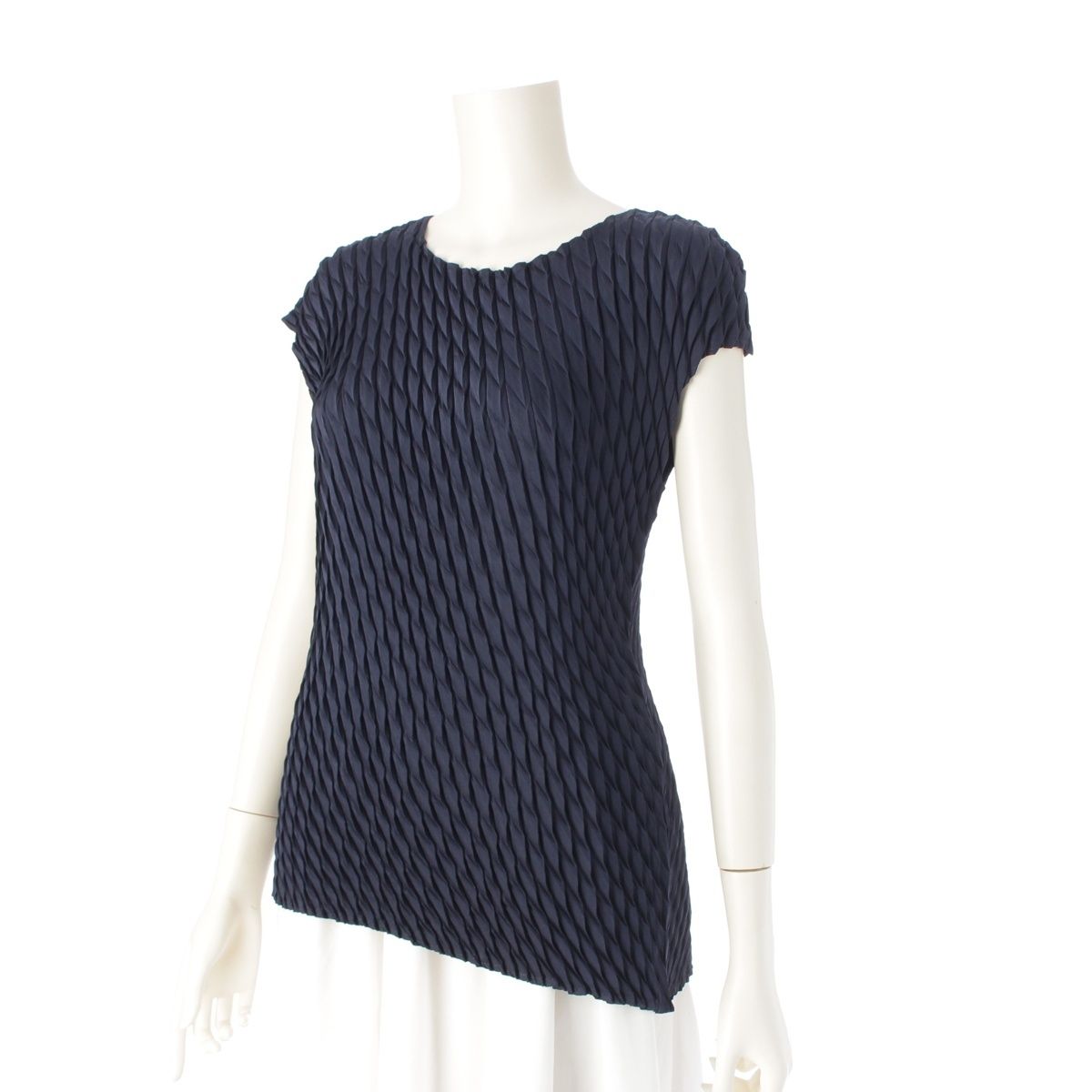 イッセイミヤケ 22年 プリーツ加工 アシンメトリー ノースリーブ カットソー トップス ネイビー 2
