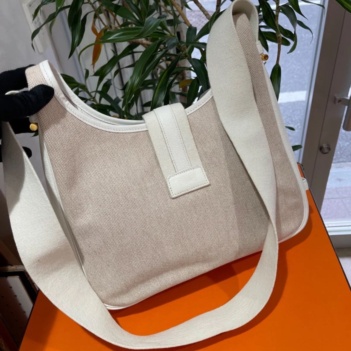 【極美品】HERMES エルメス サコ トワルアッシュ×トリヨンクレマンス ナチュラル×ホワイト ゴールド金具 B刻印□ ヴィンテージ コンビ 中古  ショルダーバッグ ハンドバッグ レディース 女性用 ブランド 本革 レザー 白 レア ビンテージ バック