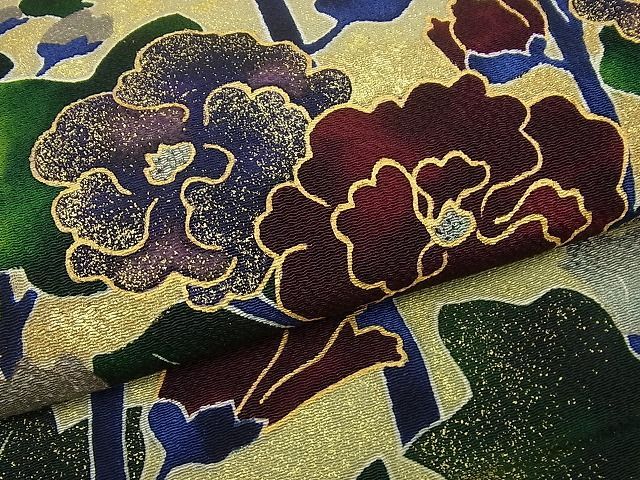 平和屋本店□極上 浦野理一 型染 九寸名古屋帯 枝花文 金彩 落款あり