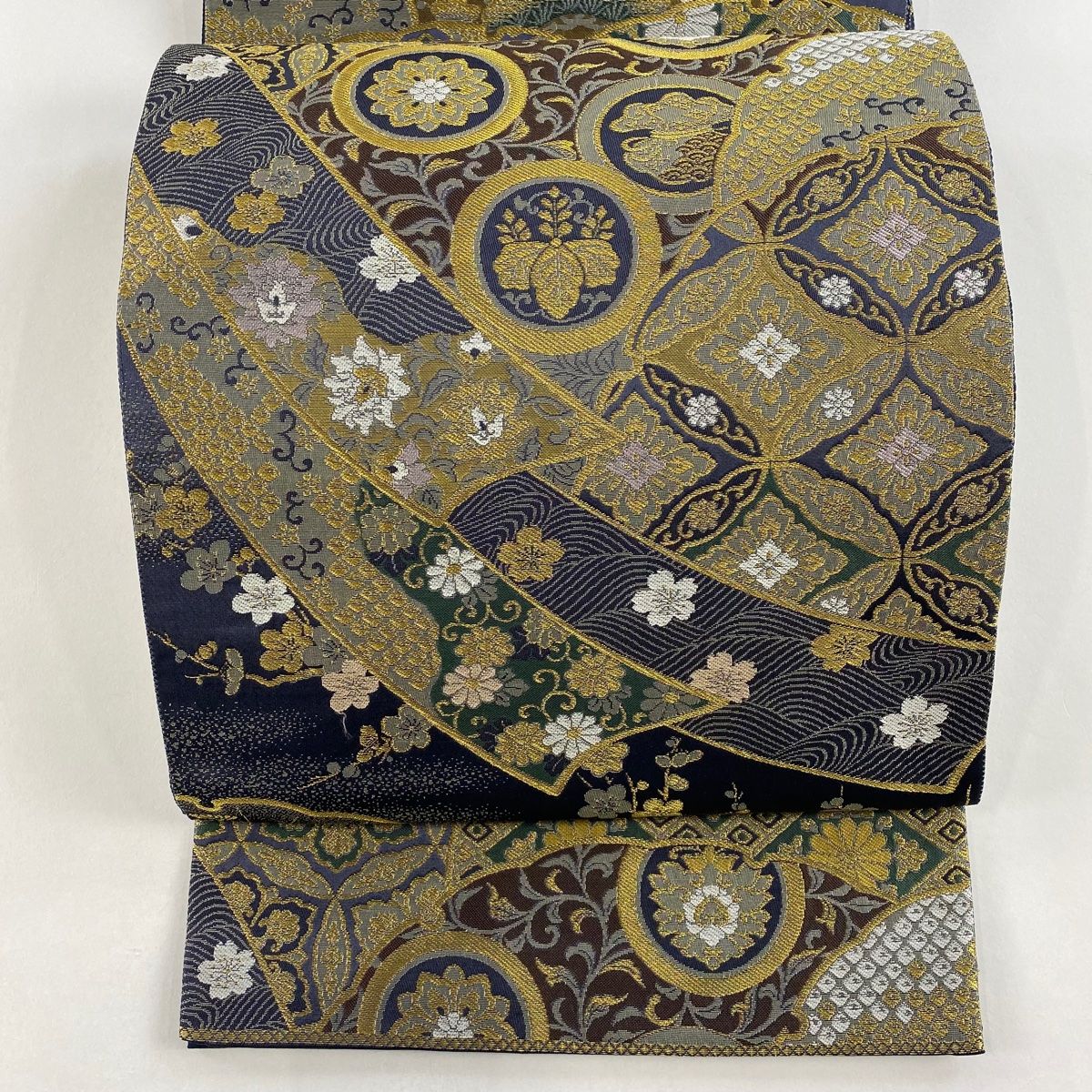袋帯 名品 新小石丸 雪輪 松竹梅 金糸 紺色 全通 正絹