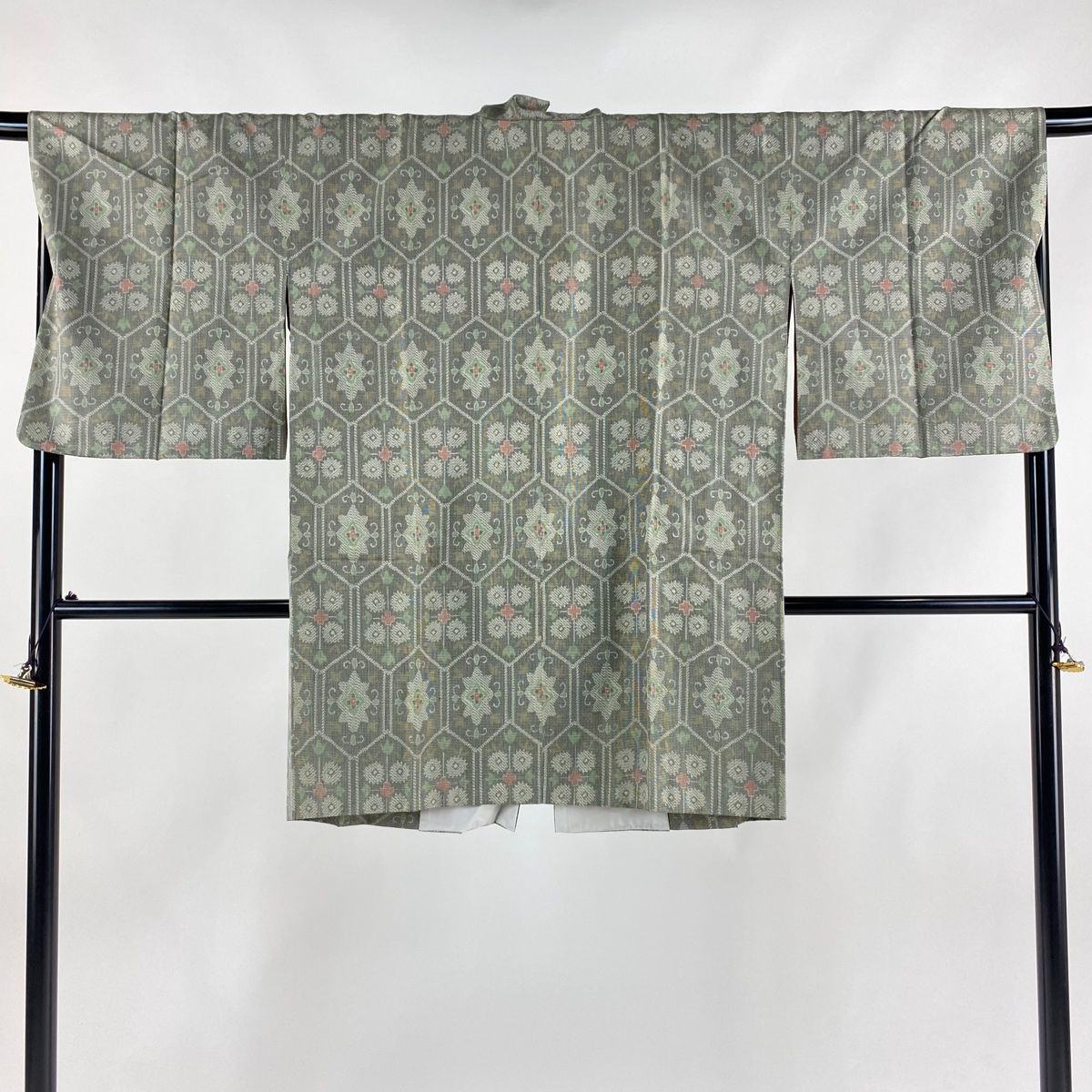 道中着 身丈93cm 裄丈68cm L 和装コート 亀甲 幾何学 灰緑 正絹 秀品
