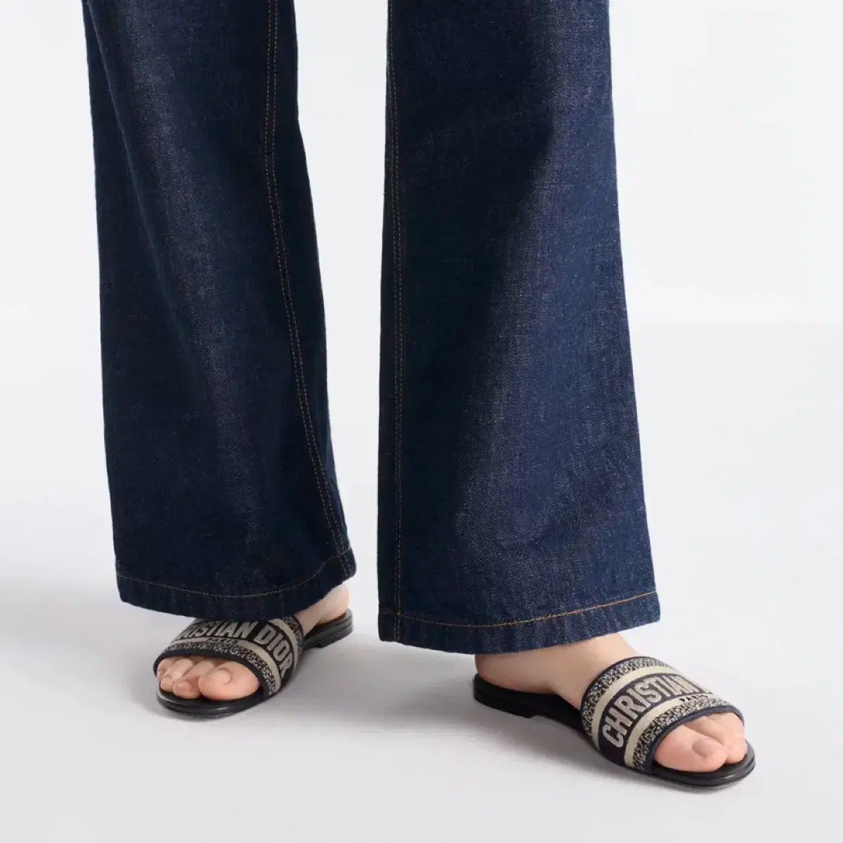 ディオール ディープ ブルー 刺繍 コットン スリッパ 37 5