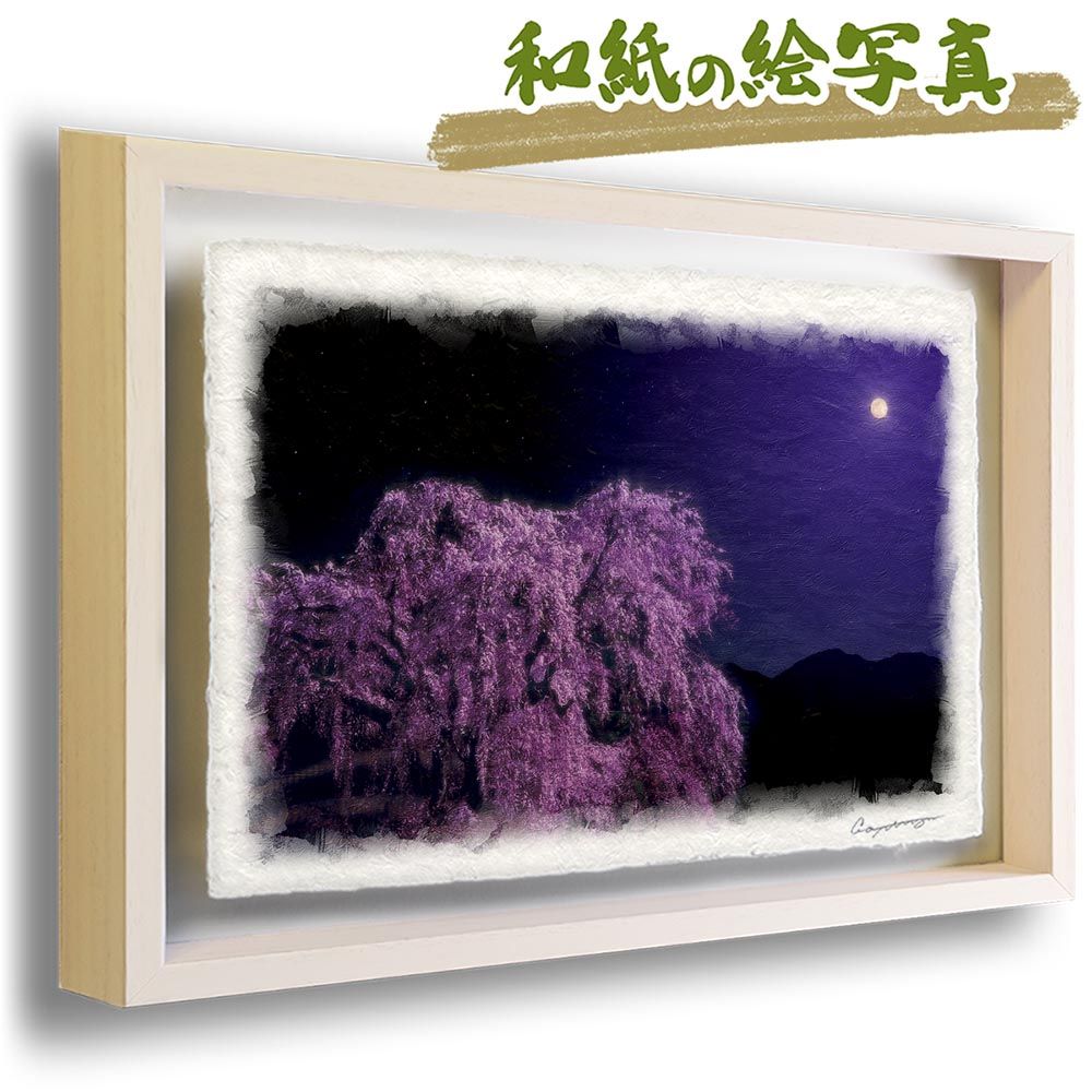 和紙の絵写真 「満月としだれ桜の大樹」 立体額縁付き 53x38cm 絵画
