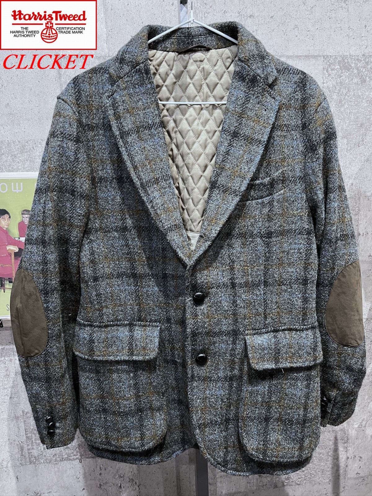 美品 CLICKET ハリスツイード 肘パッチ ツイードジャケット 50 クリケット HARRIS TWEED チェック