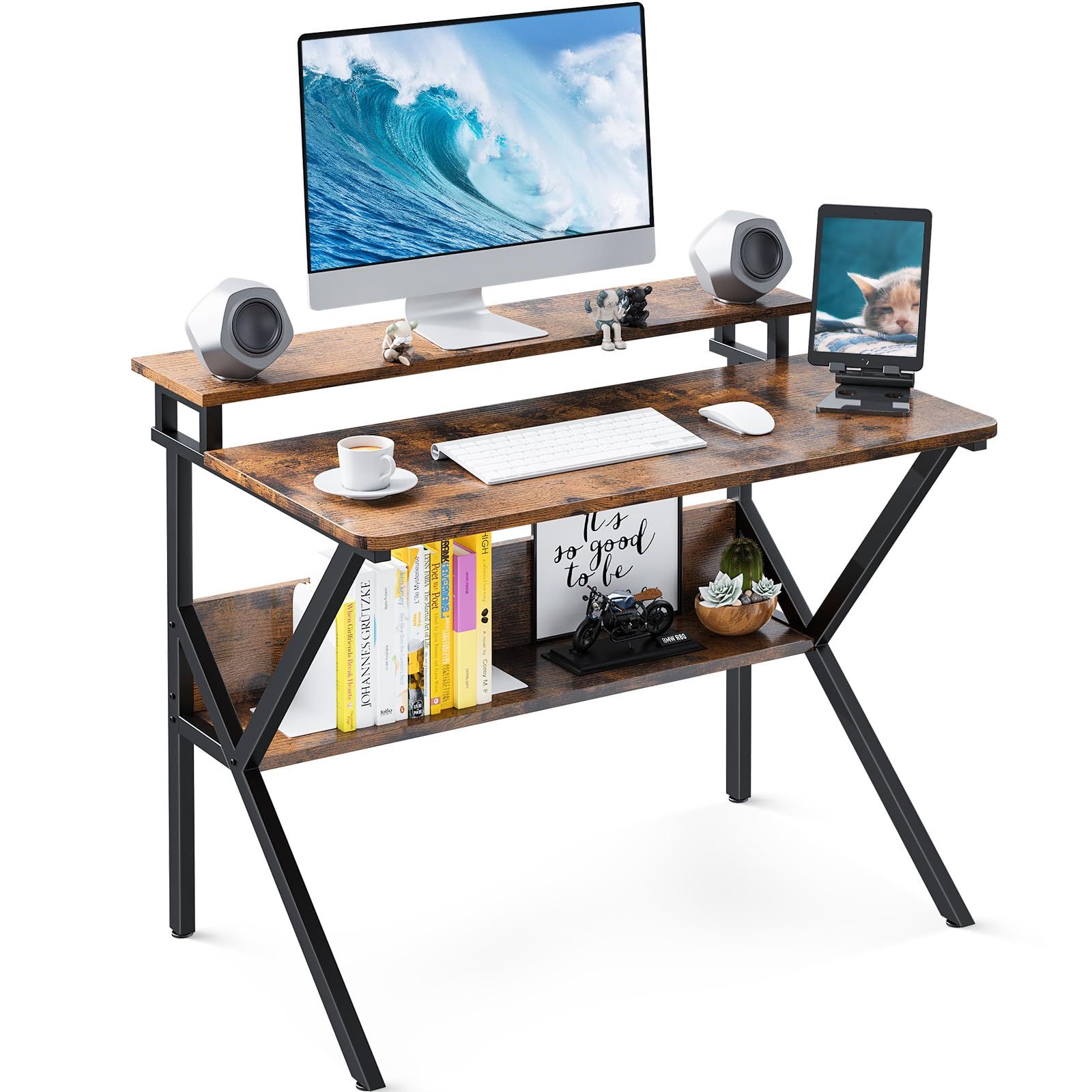 ビンテージ モニターアーム対応 組立簡単 一人暮らし 省スペース テレワークデスク 棚付き desk computer 小さい 勉強机 ゲーミングデスク 幅70cm×奥行60cm モニター台付き コンパクト パソコンデスク pcデスク 机 KKL