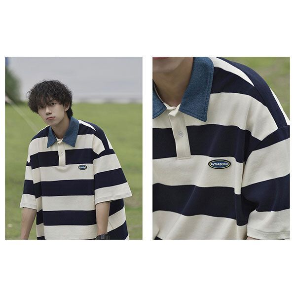 SCULPTOR ボーダー Tシャツ 韓国カジュアル ポロシャツ Shoowtime ポロシャツ ボーダー 長袖 メンズ オーバーサイズ