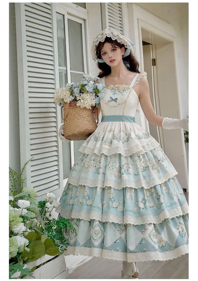 【手紙と詩♡朝花夕拾】田園プリント刺繍四段振りjskロリータドレス 森ガール水色 手紙と詩☆朝花夕拾】田園プリント刺繍四段振りjskロリータ